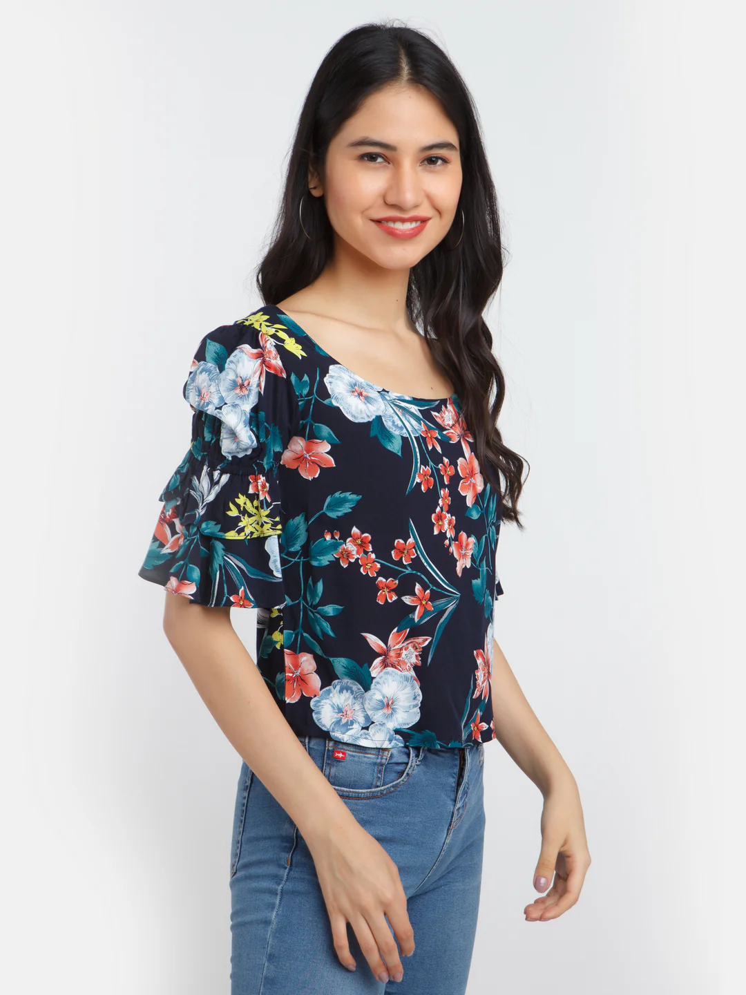 Navy Blue Printed Flared Sleeve Top - Image 3