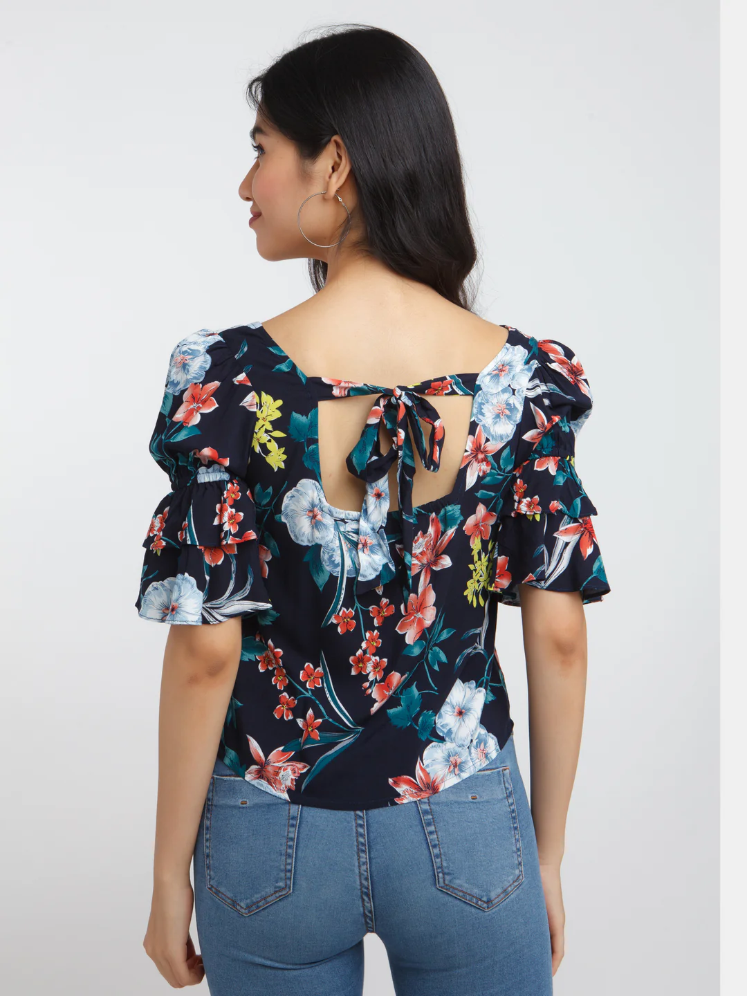 Navy Blue Printed Flared Sleeve Top - Image 4