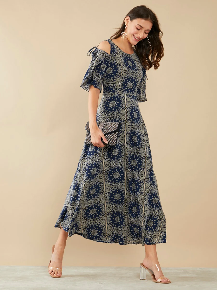 Navy Blue Printed Maxi Dress