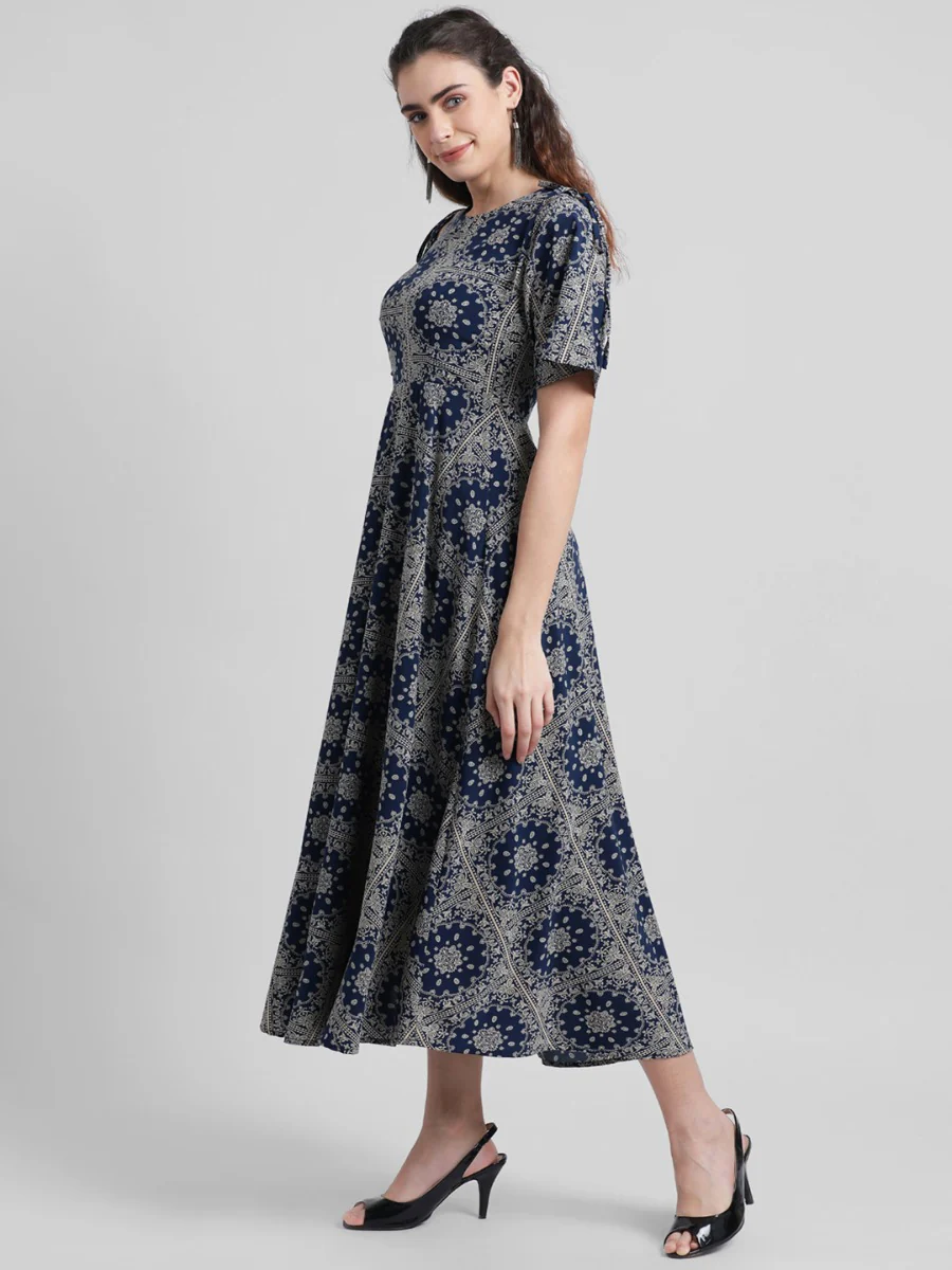 Navy Blue Printed Maxi Dress - Image 3