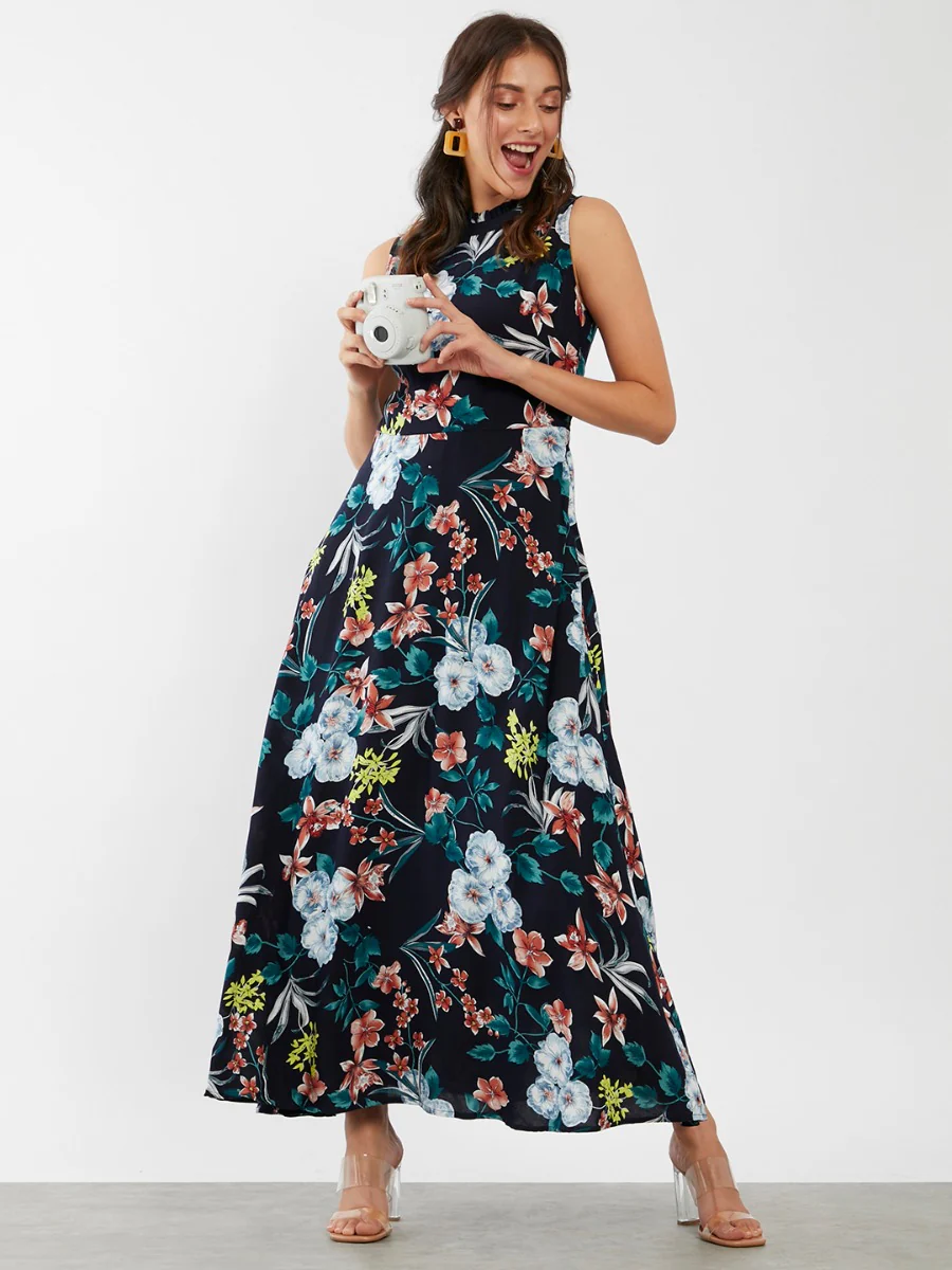 Navy Blue Printed Maxi Dress