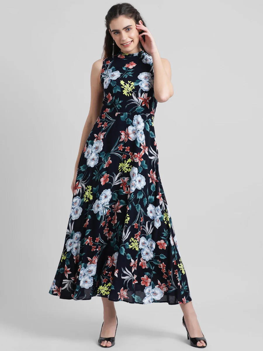 Navy Blue Printed Maxi Dress - Image 2