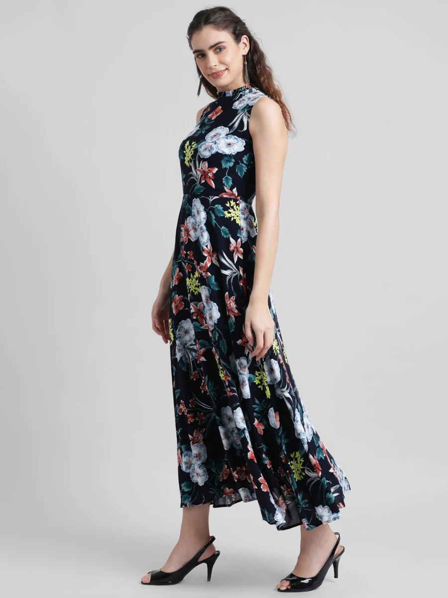 Navy Blue Printed Maxi Dress - Image 3