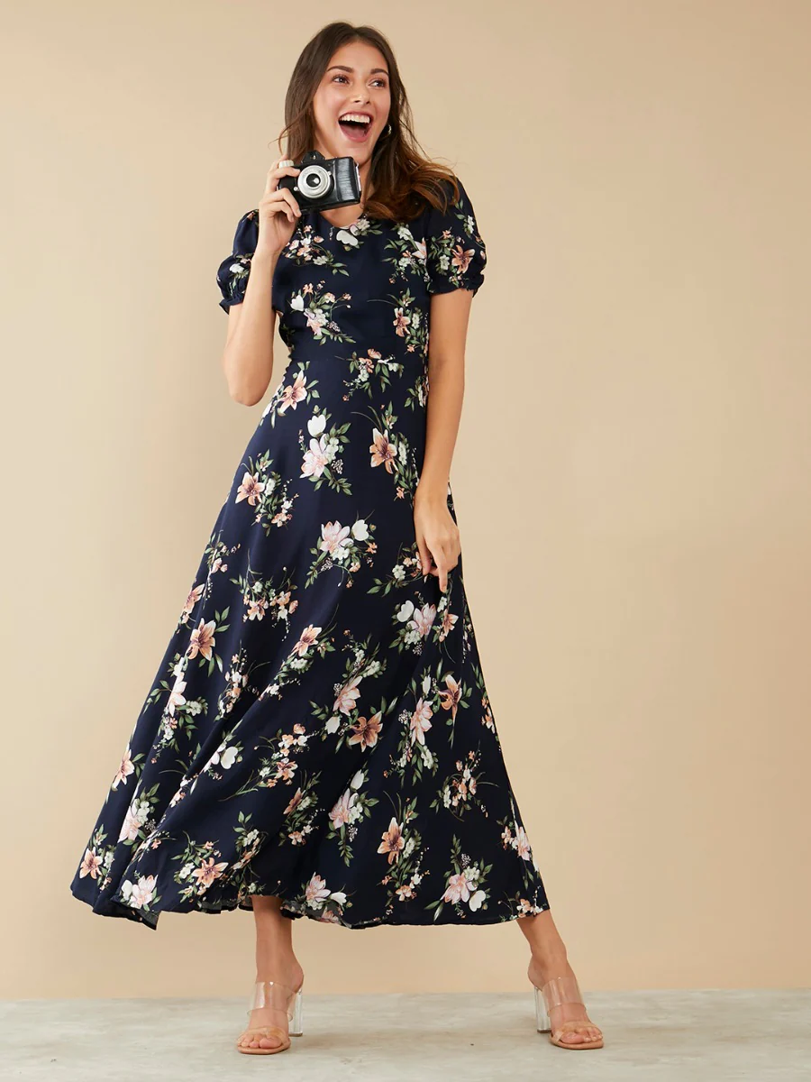 Navy Blue Printed Maxi Dress