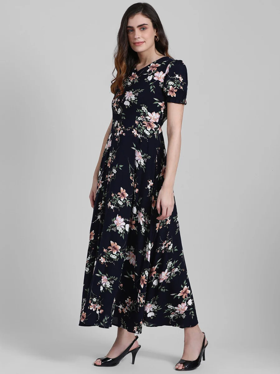 Navy Blue Printed Maxi Dress - Image 3
