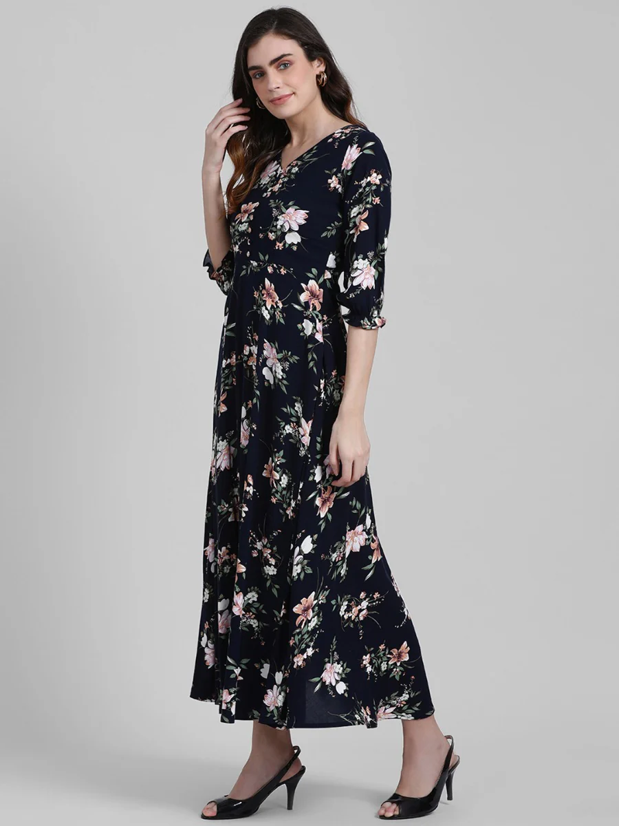 Navy Blue Printed Maxi Dress - Image 3