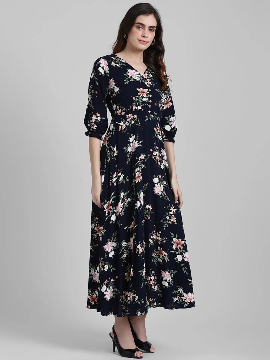 Navy Blue Printed Maxi Dress - Image 4