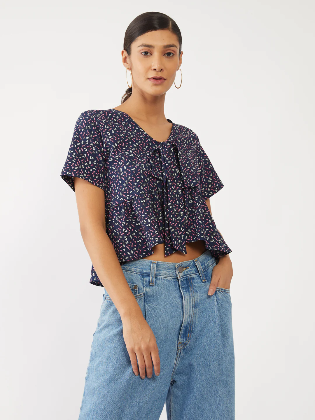 Navy Blue Printed Peplum Top - Image 2