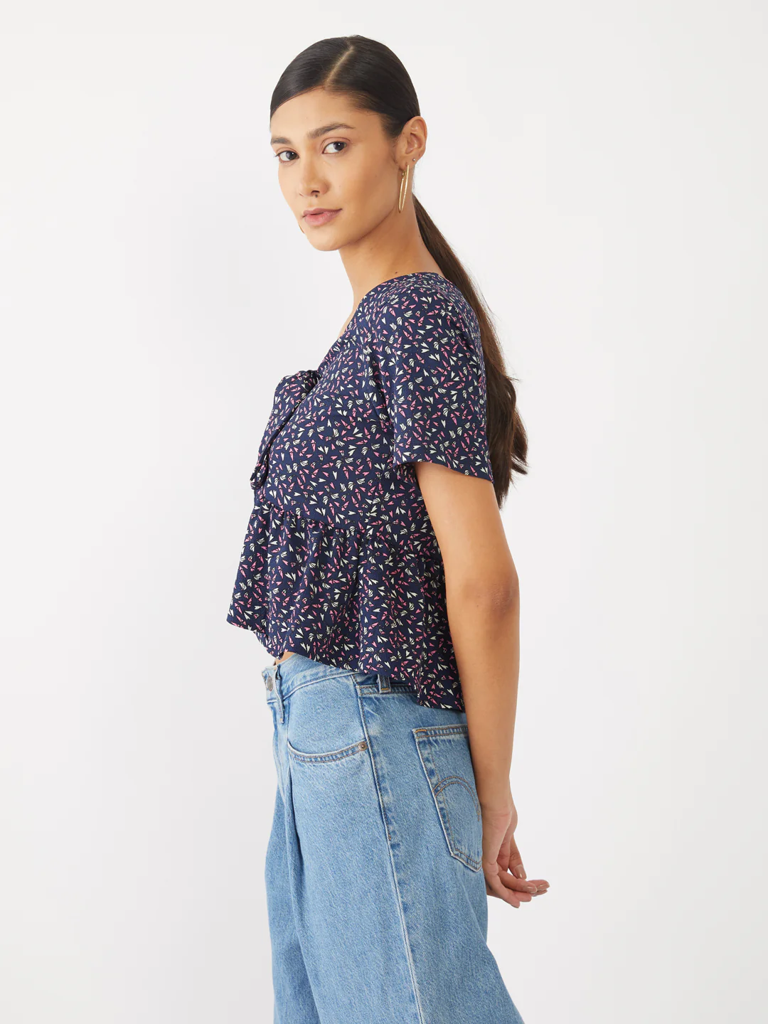 Navy Blue Printed Peplum Top - Image 3