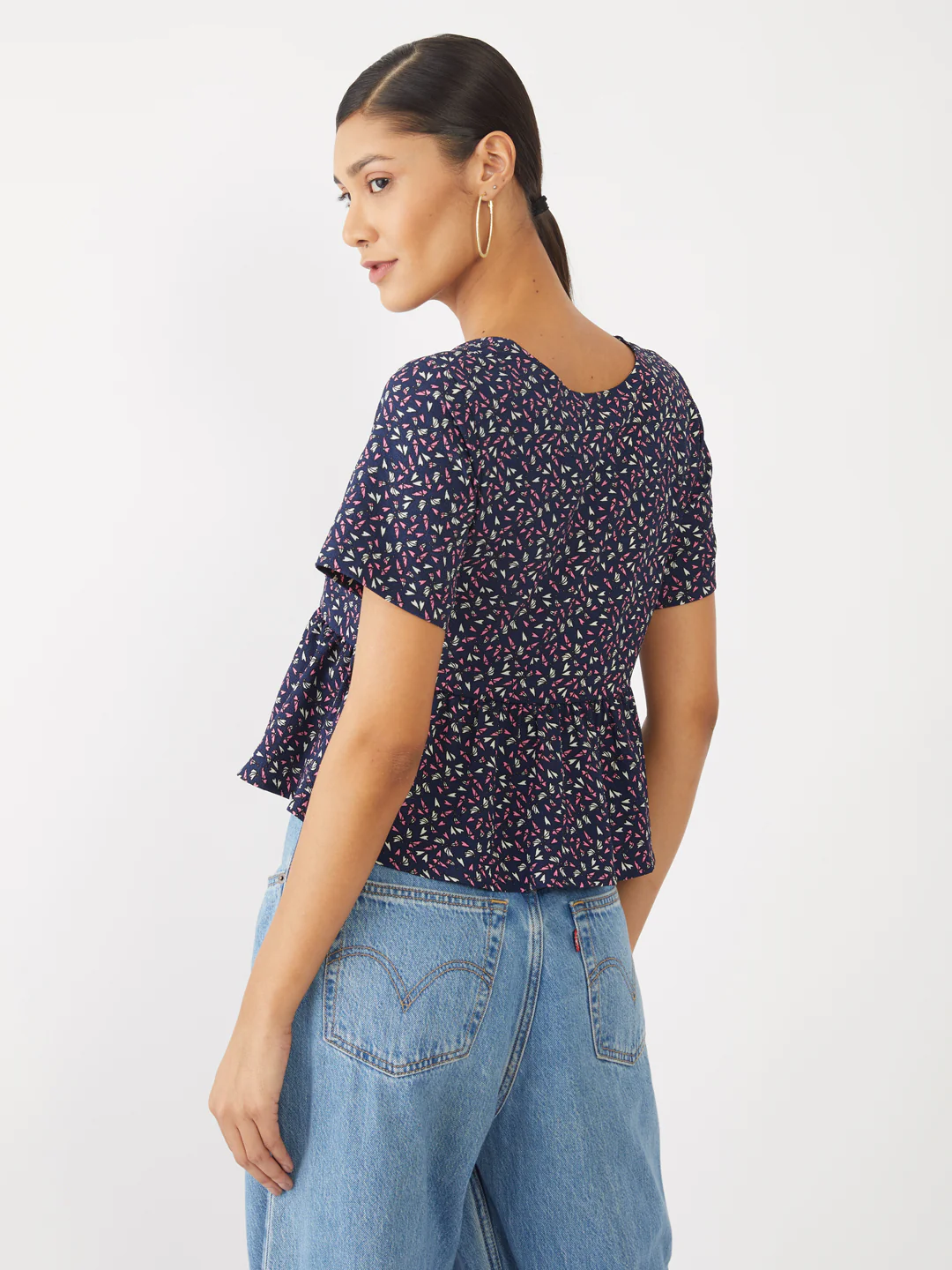 Navy Blue Printed Peplum Top - Image 4