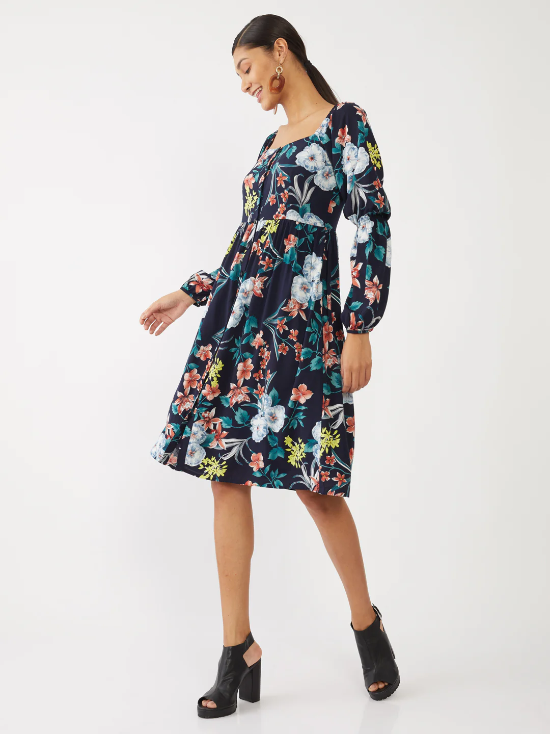 Navy Blue Printed Puff Sleeve Midi Dress