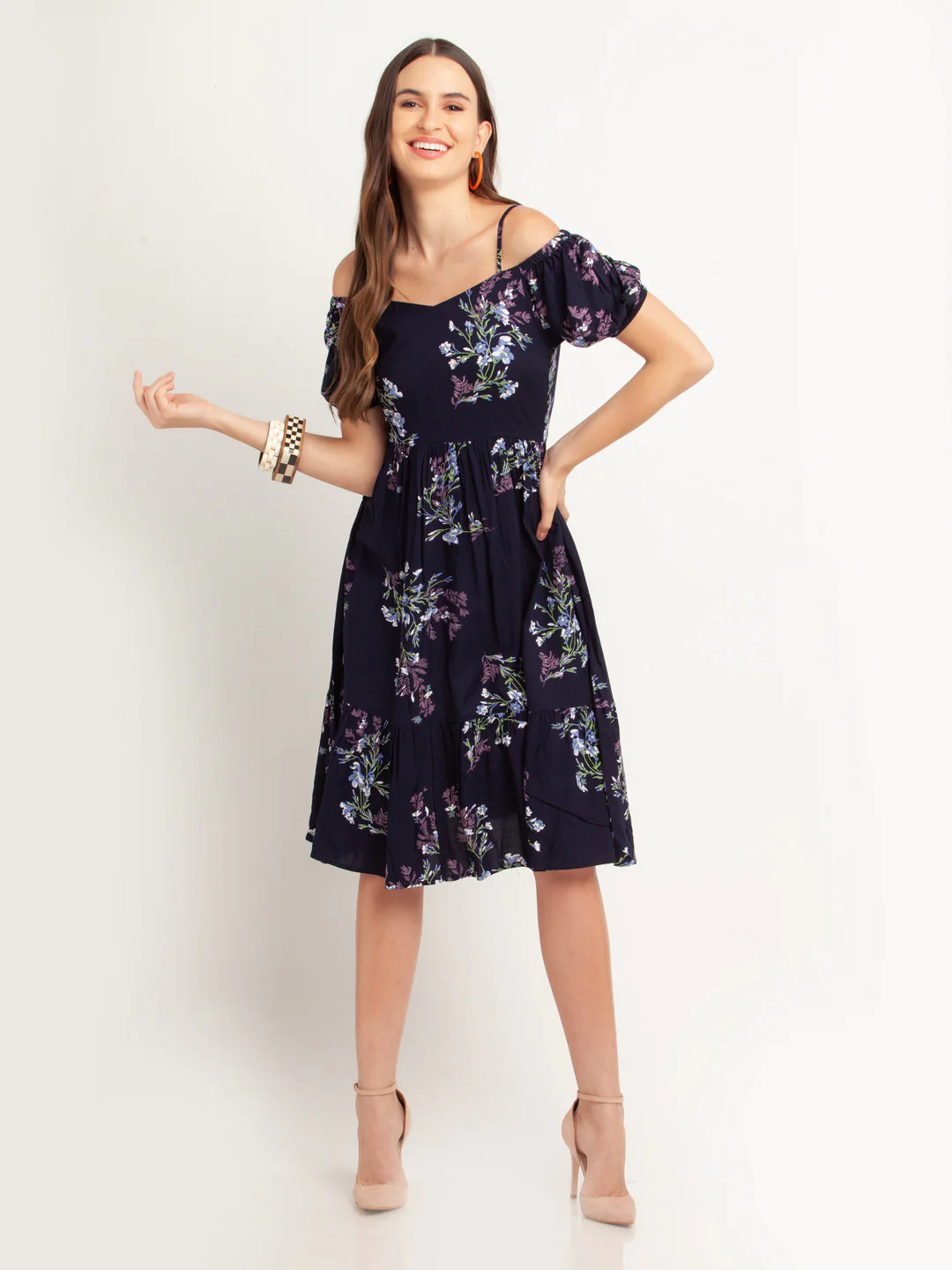 Navy Blue Printed Puff Sleeve Midi Dress - Image 2