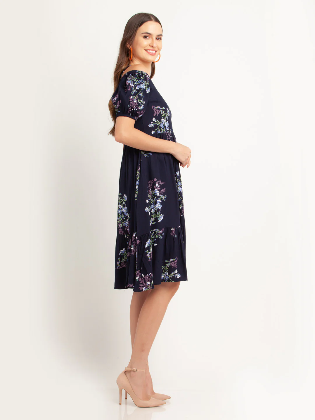 Navy Blue Printed Puff Sleeve Midi Dress - Image 3