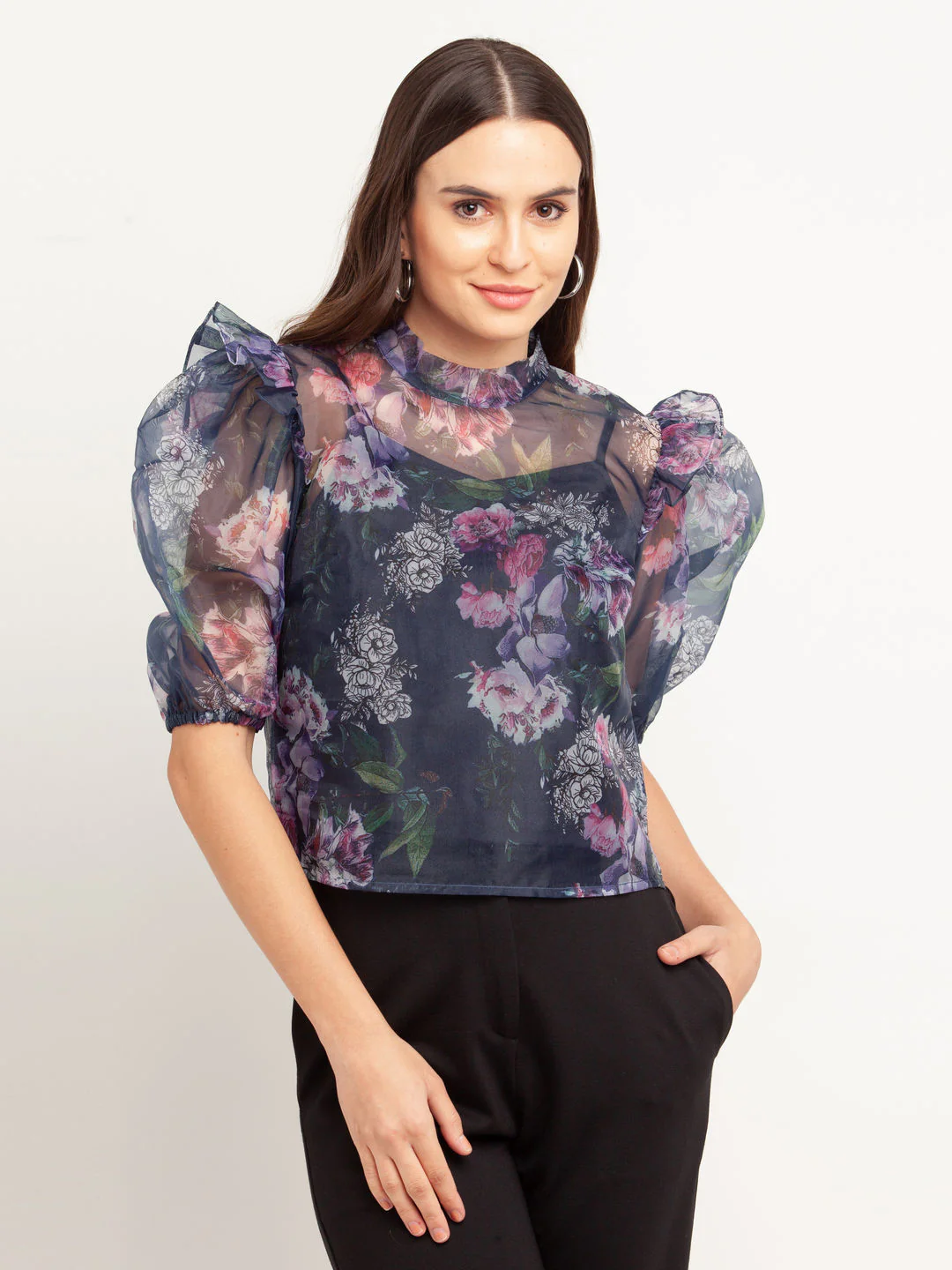 Navy Blue Printed Puff Sleeve Top - Image 2