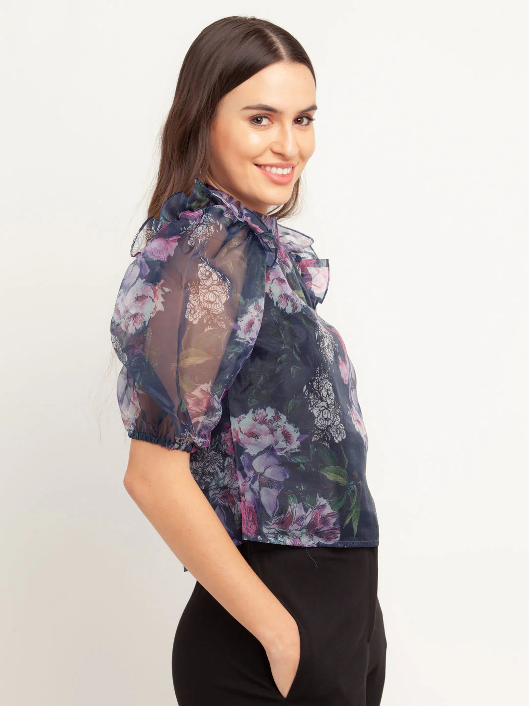 Navy Blue Printed Puff Sleeve Top - Image 3