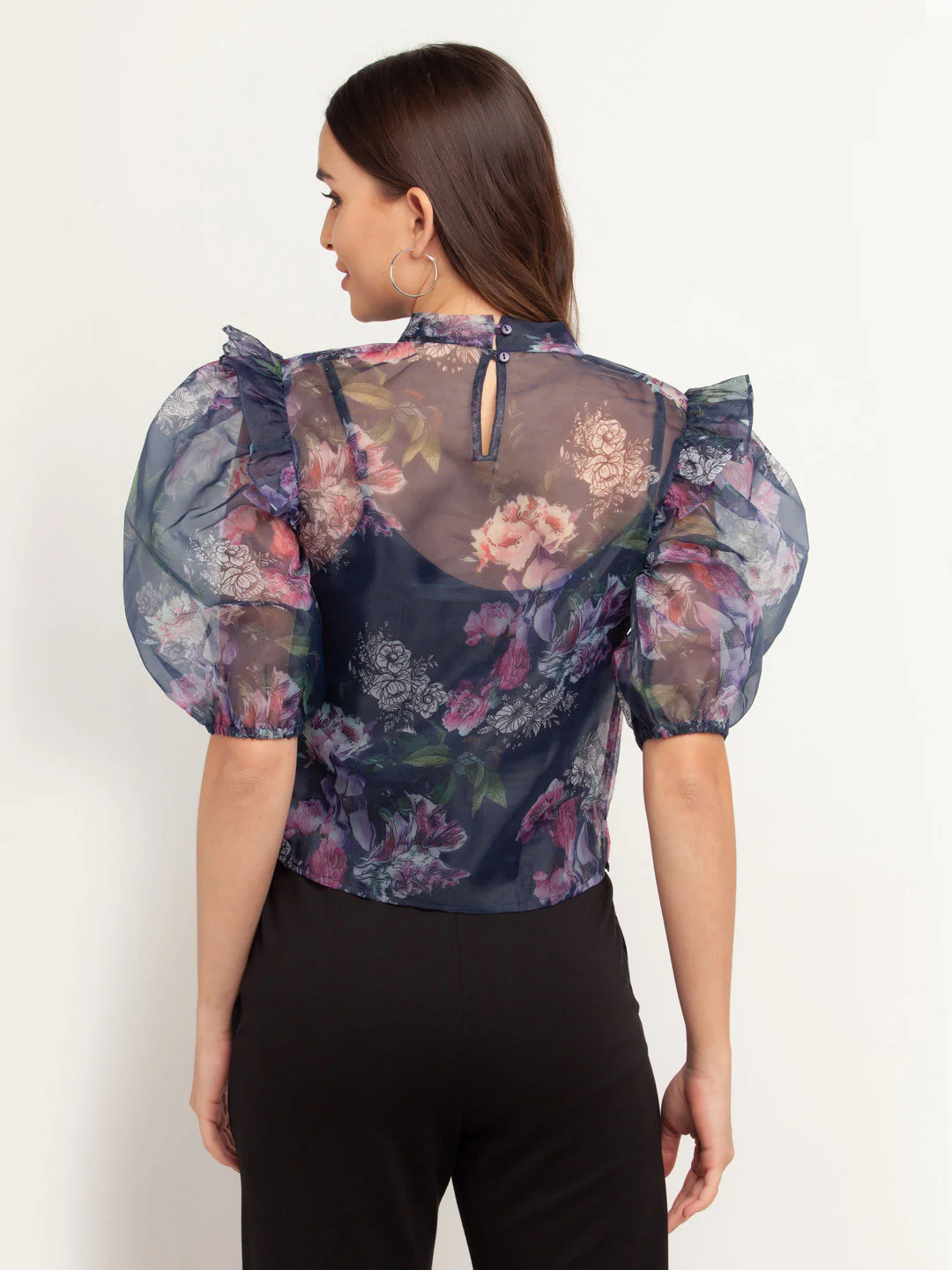 Navy Blue Printed Puff Sleeve Top - Image 4