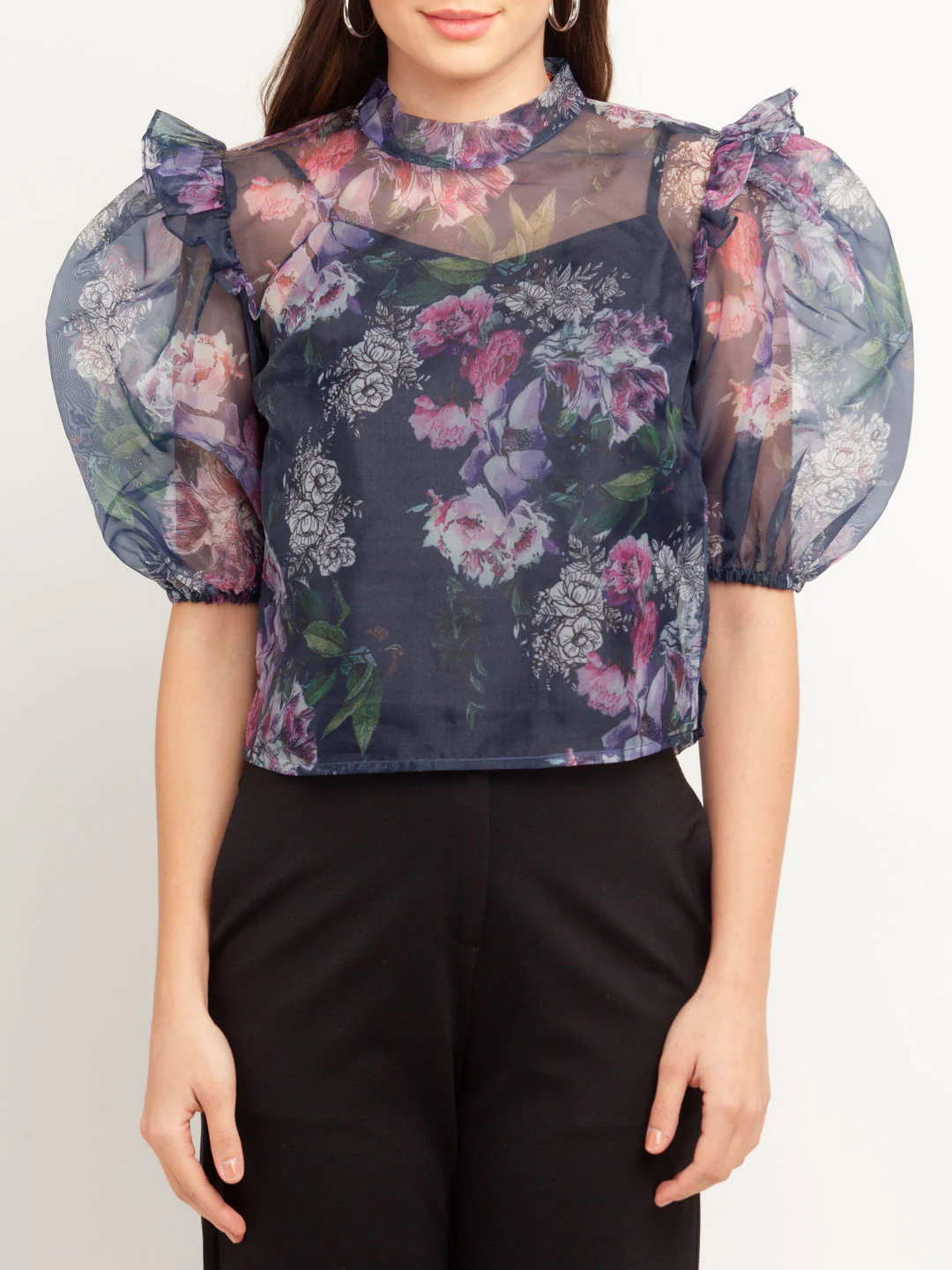 Navy Blue Printed Puff Sleeve Top - Image 6