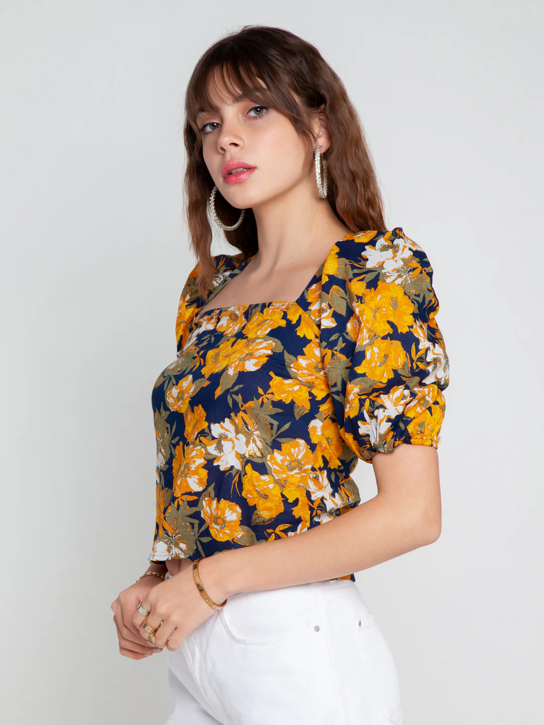 Navy Blue Printed Puff Sleeve Top - Image 3