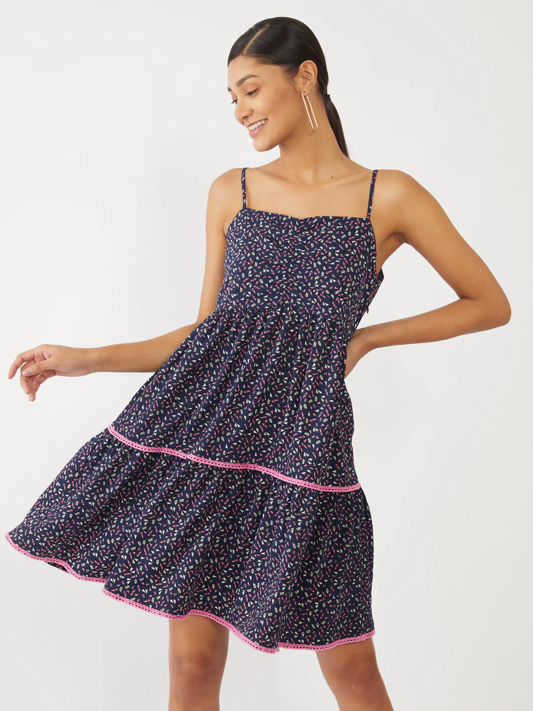 Navy Blue Printed Tiered Short Dress - Image 2
