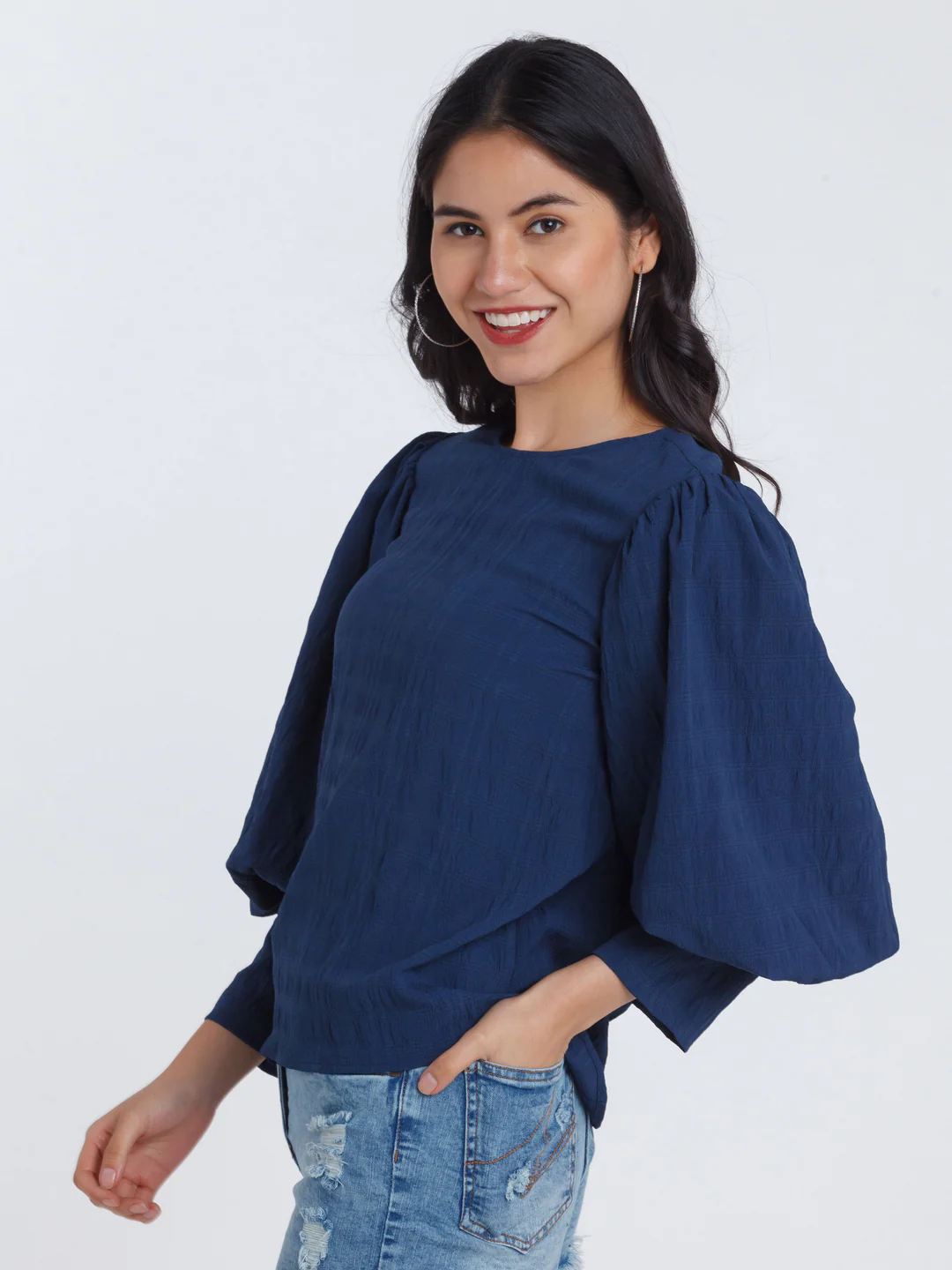 Navy Blue Puff Sleeve Top - Image 3