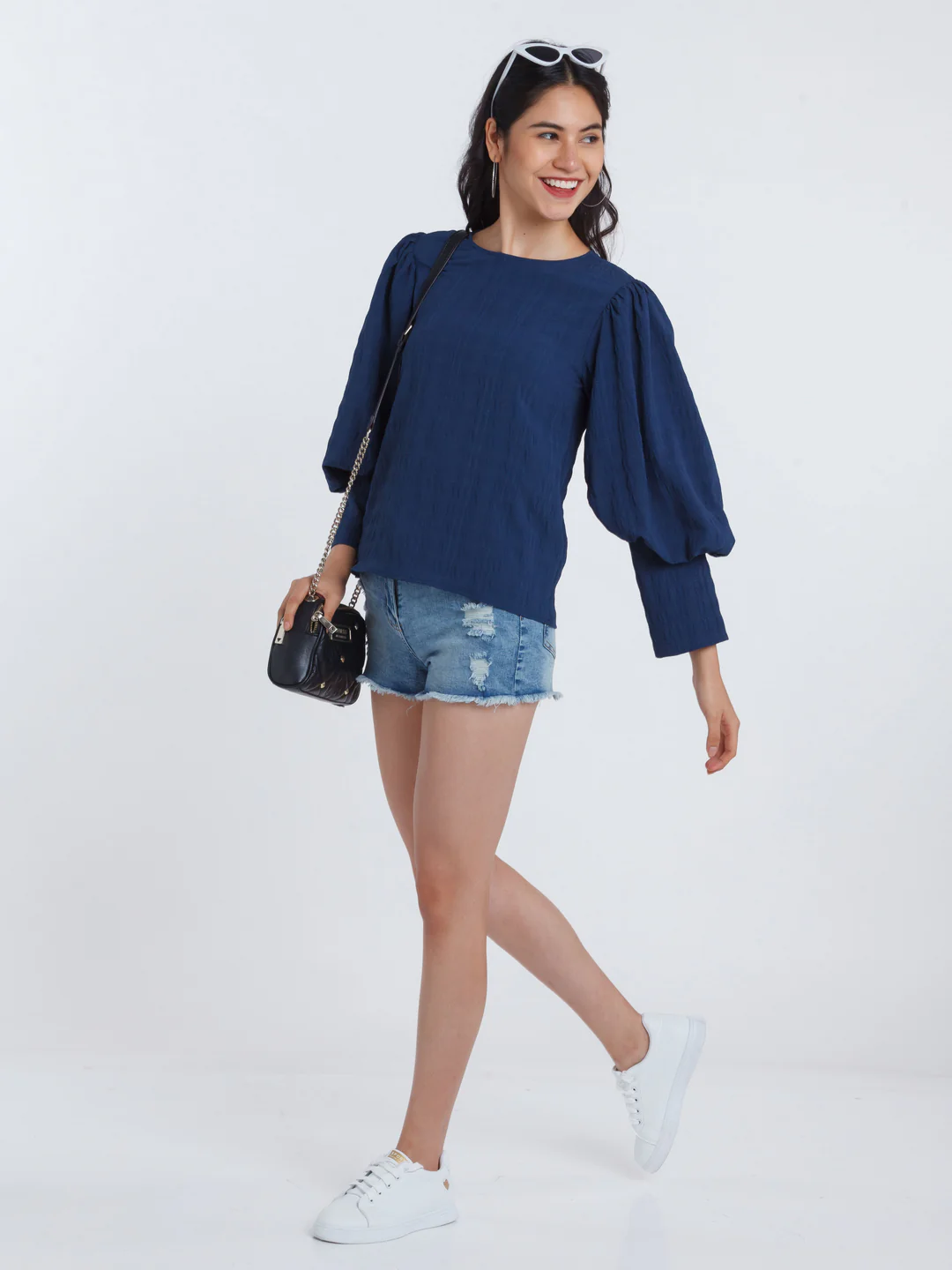 Navy Blue Puff Sleeve Top - Image 5
