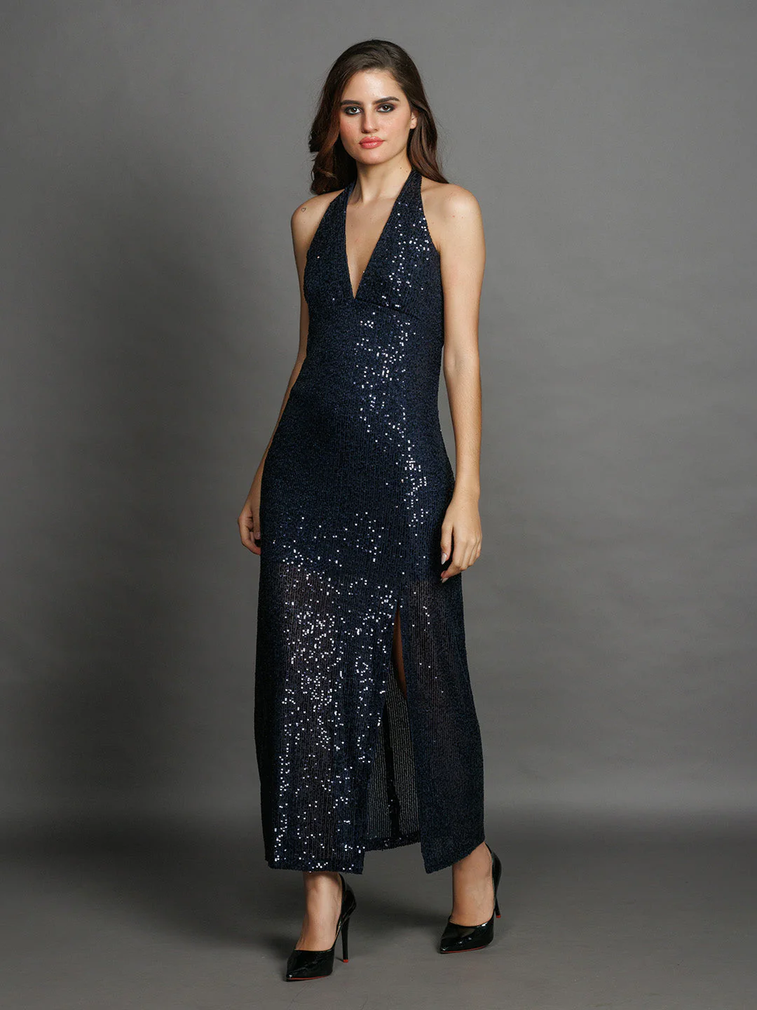 Navy Blue Solid Fitted Maxi Dress - Image 2