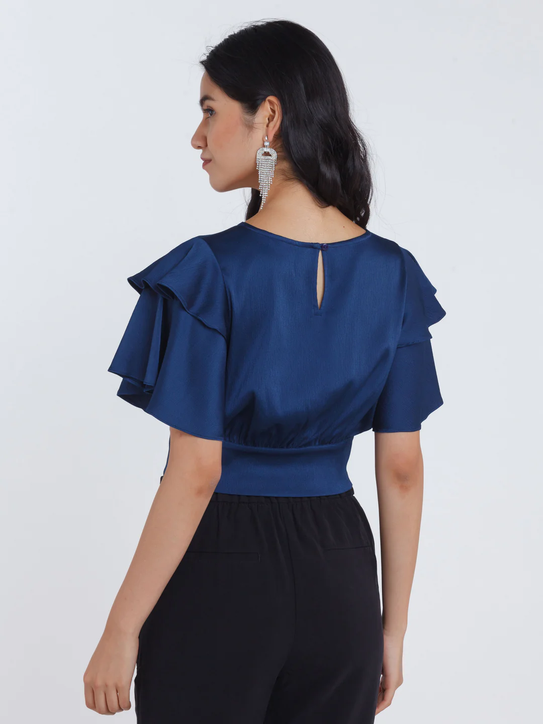 Navy Blue Solid Flared Sleeve Crop Top - Image 4
