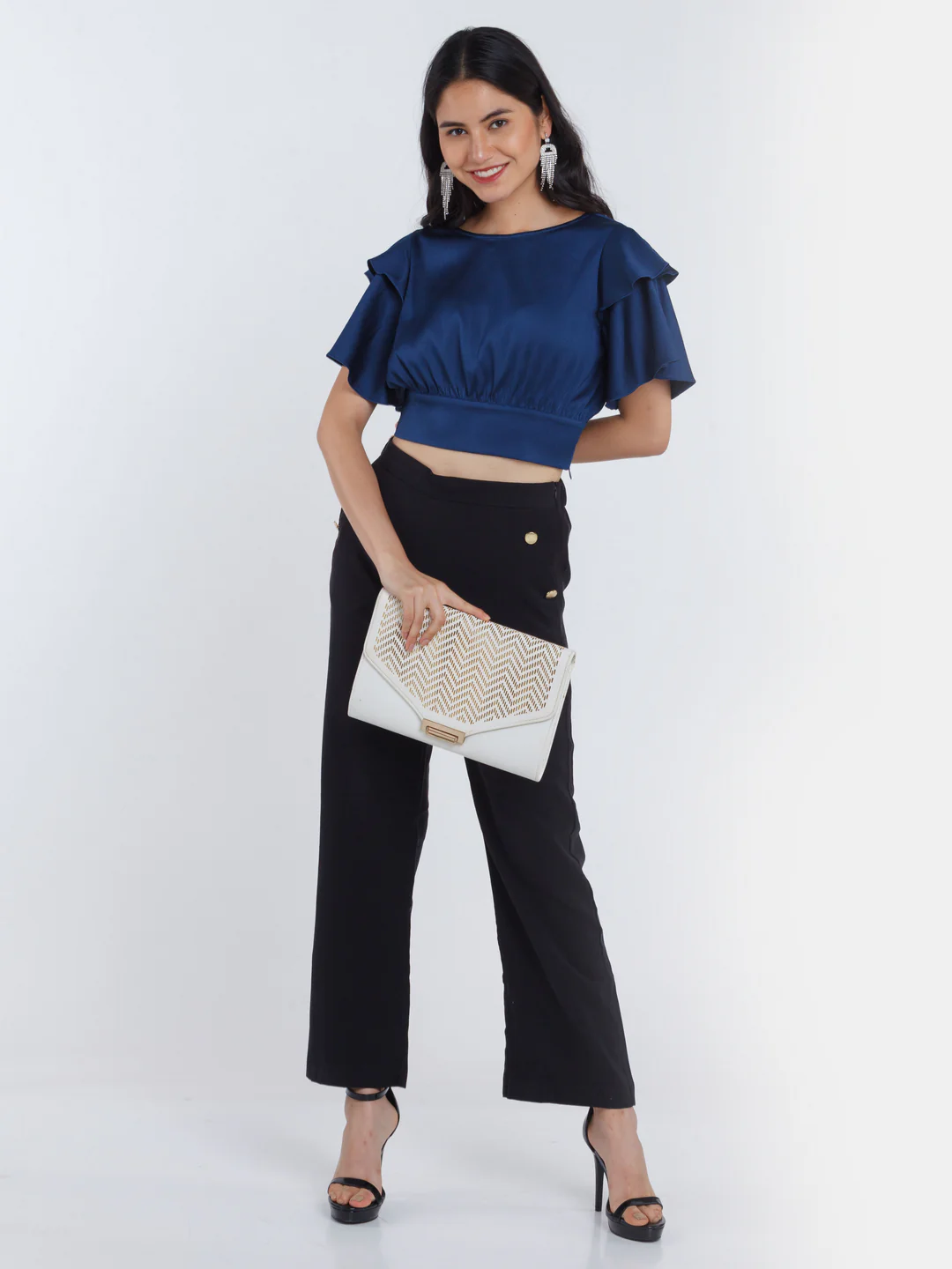 Navy Blue Solid Flared Sleeve Crop Top - Image 5