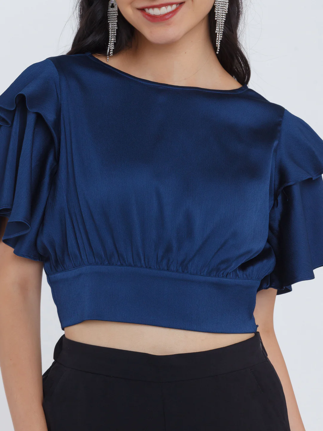 Navy Blue Solid Flared Sleeve Crop Top - Image 6