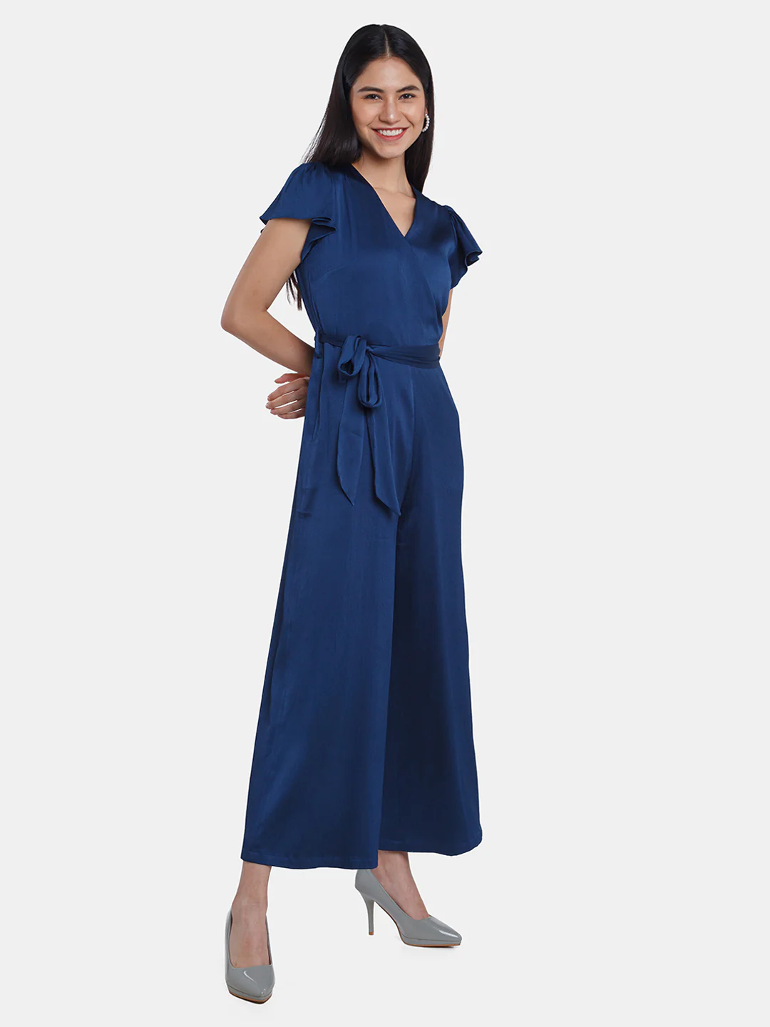 Navy Blue Solid Flared Sleeve Jumpsuit - Image 3