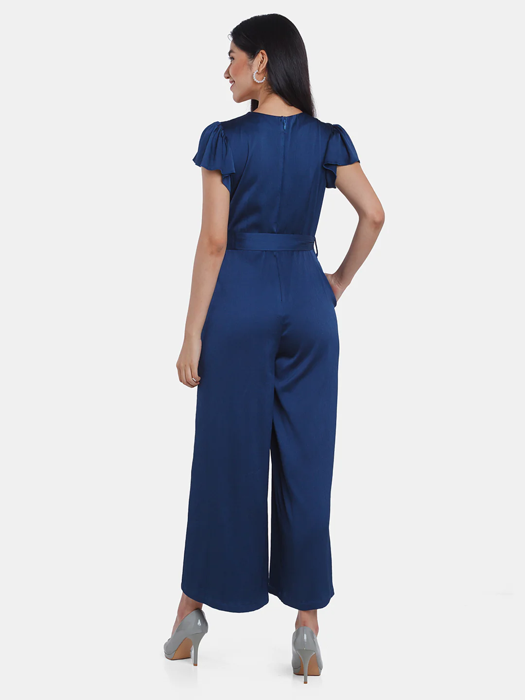 Navy Blue Solid Flared Sleeve Jumpsuit - Image 4