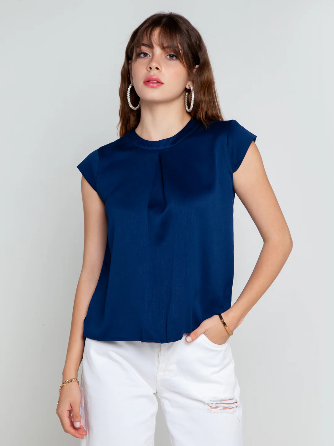 Navy Blue Solid Pleated Top - Image 2