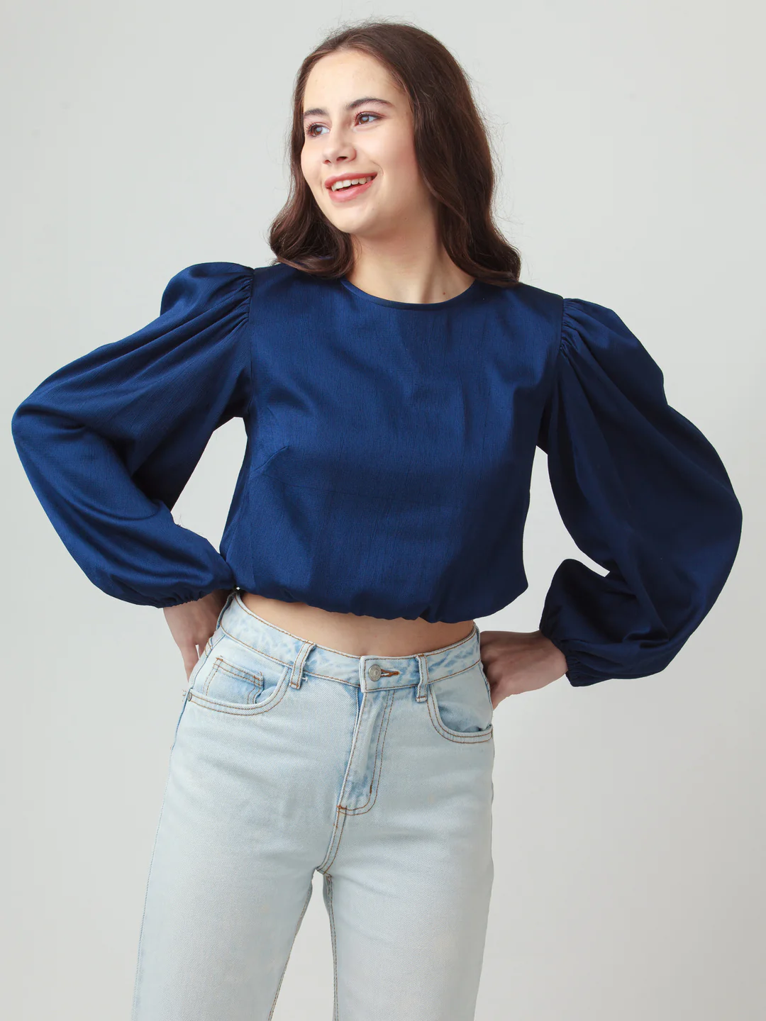 Navy Blue Solid Puff Sleeve Top - Image 2