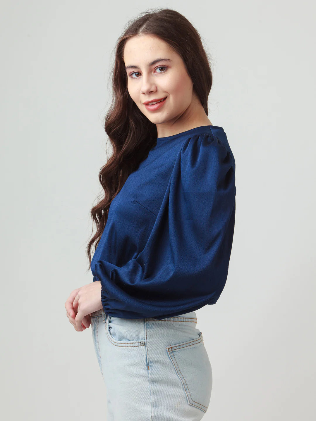 Navy Blue Solid Puff Sleeve Top - Image 3