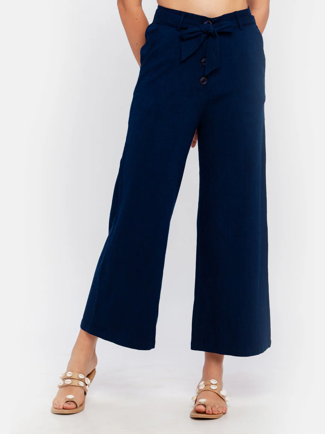 Navy Blue Solid Tie-Up Trouser - Image 2