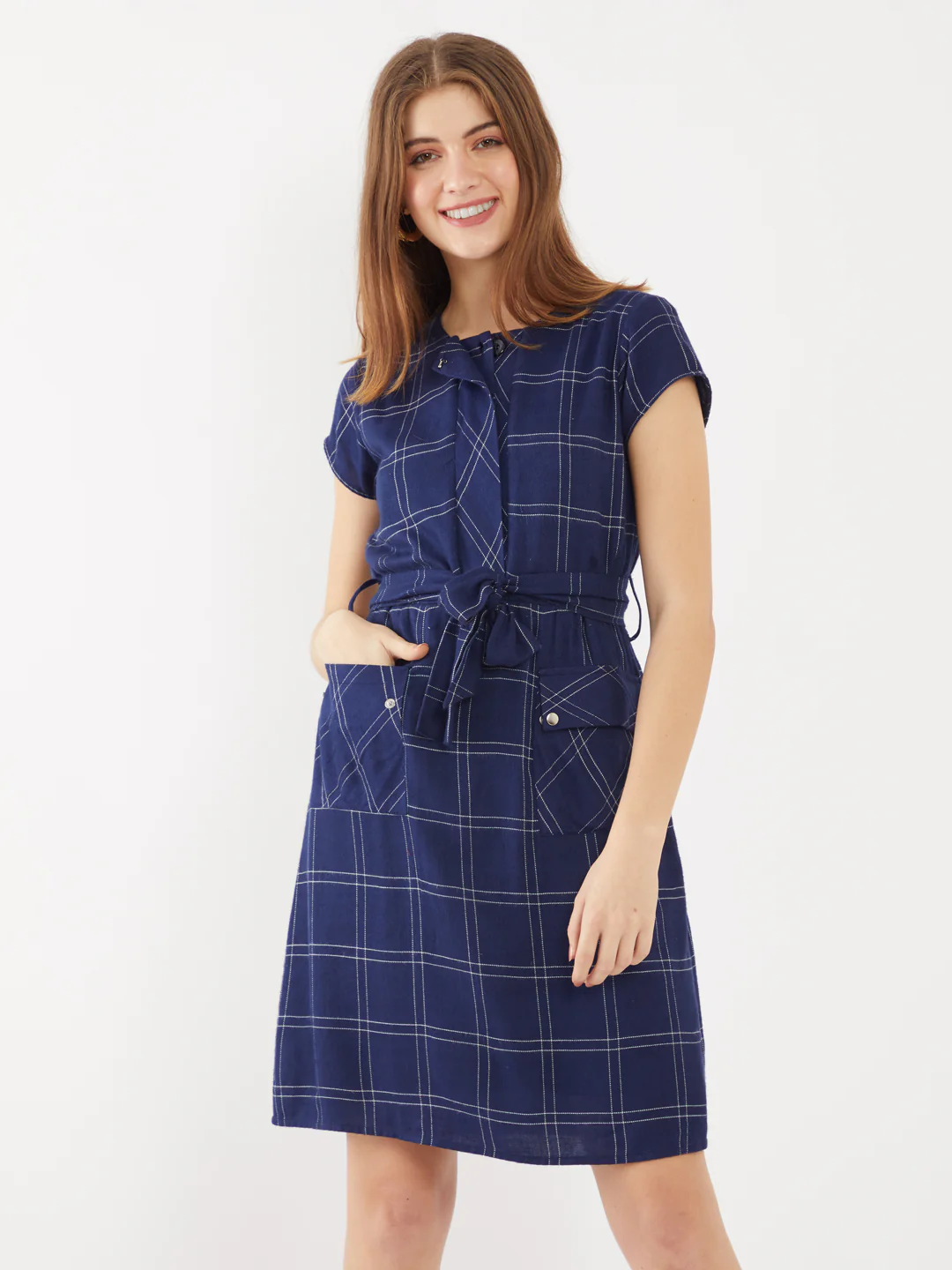 Navy Checked Short Dress - Image 2