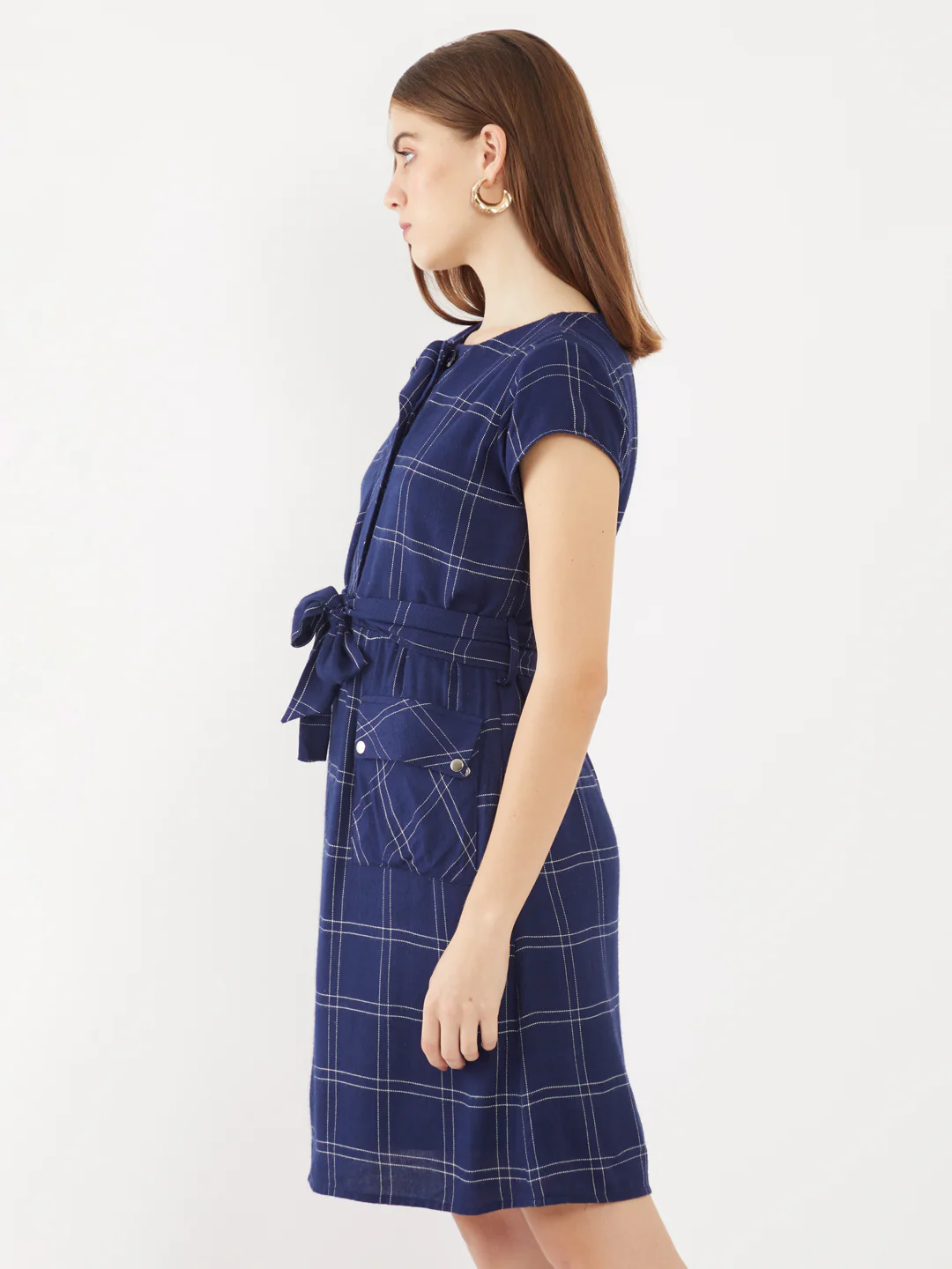 Navy Checked Short Dress - Image 3
