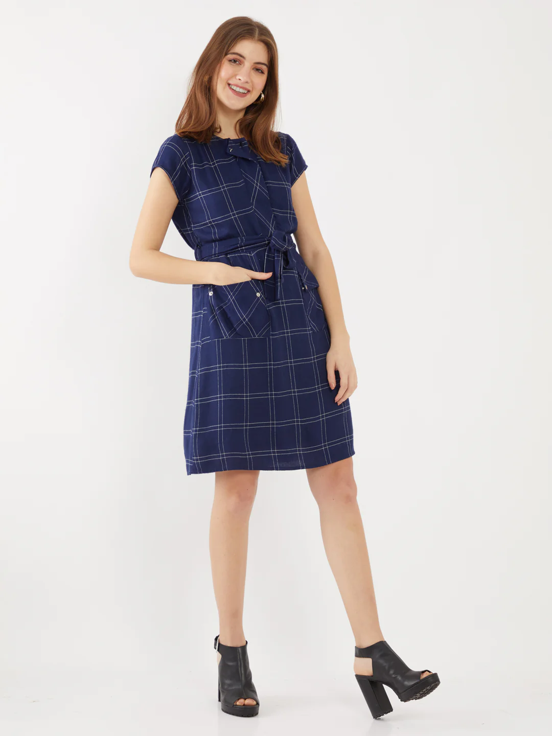 Navy Checked Short Dress - Image 5