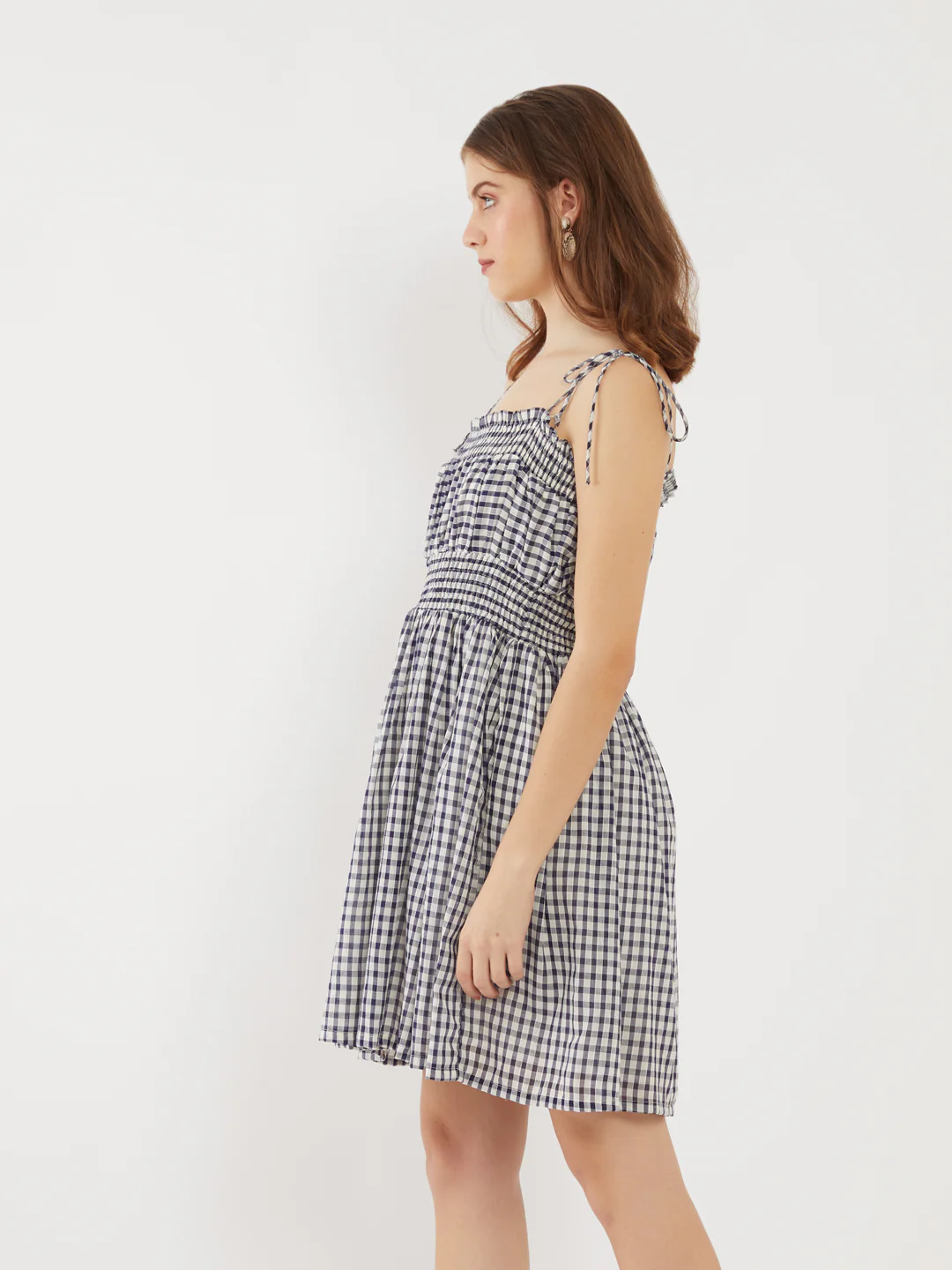 Navy Checked Tie-Up Short Dress - Image 3