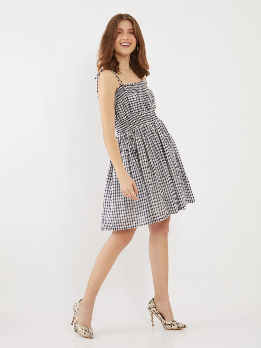 Navy Checked Tie-Up Short Dress - Image 4