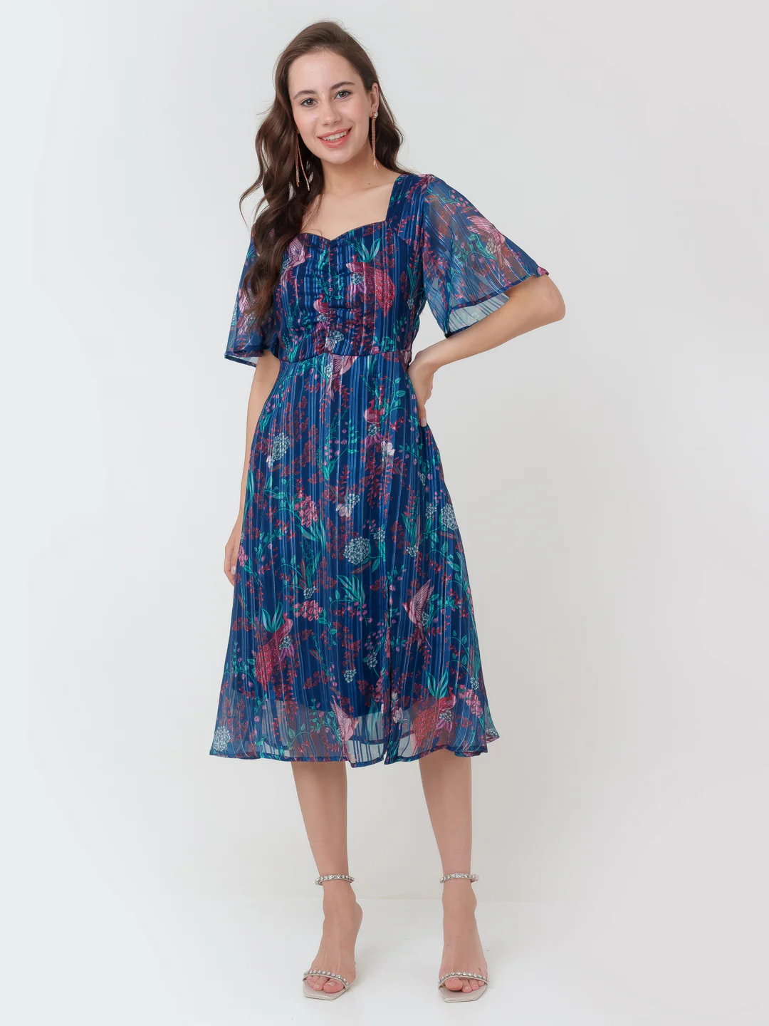 Navy Printed A-Line Midi Dress - Image 2