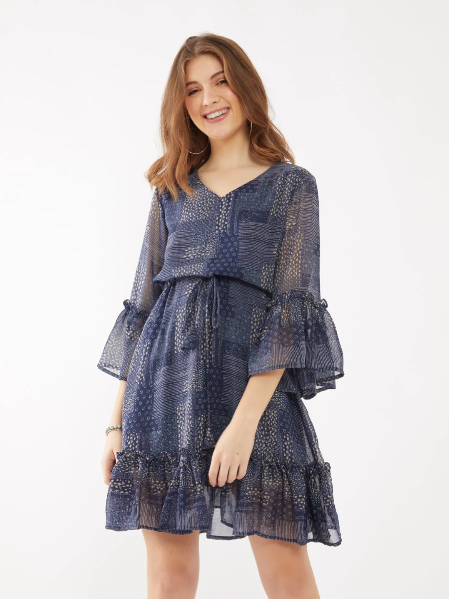 Navy Printed Flared Sleeve Short Dress - Image 2