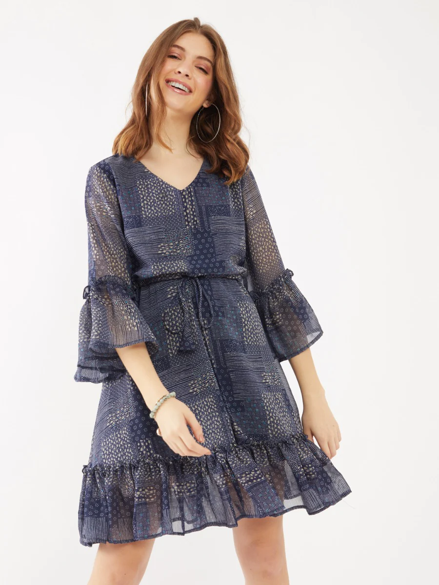 Navy Printed Flared Sleeve Short Dress - Image 3