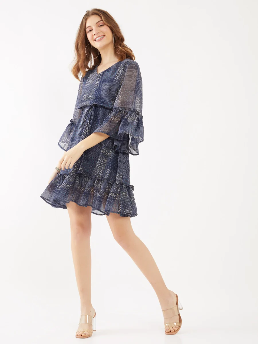 Navy Printed Flared Sleeve Short Dress - Image 4