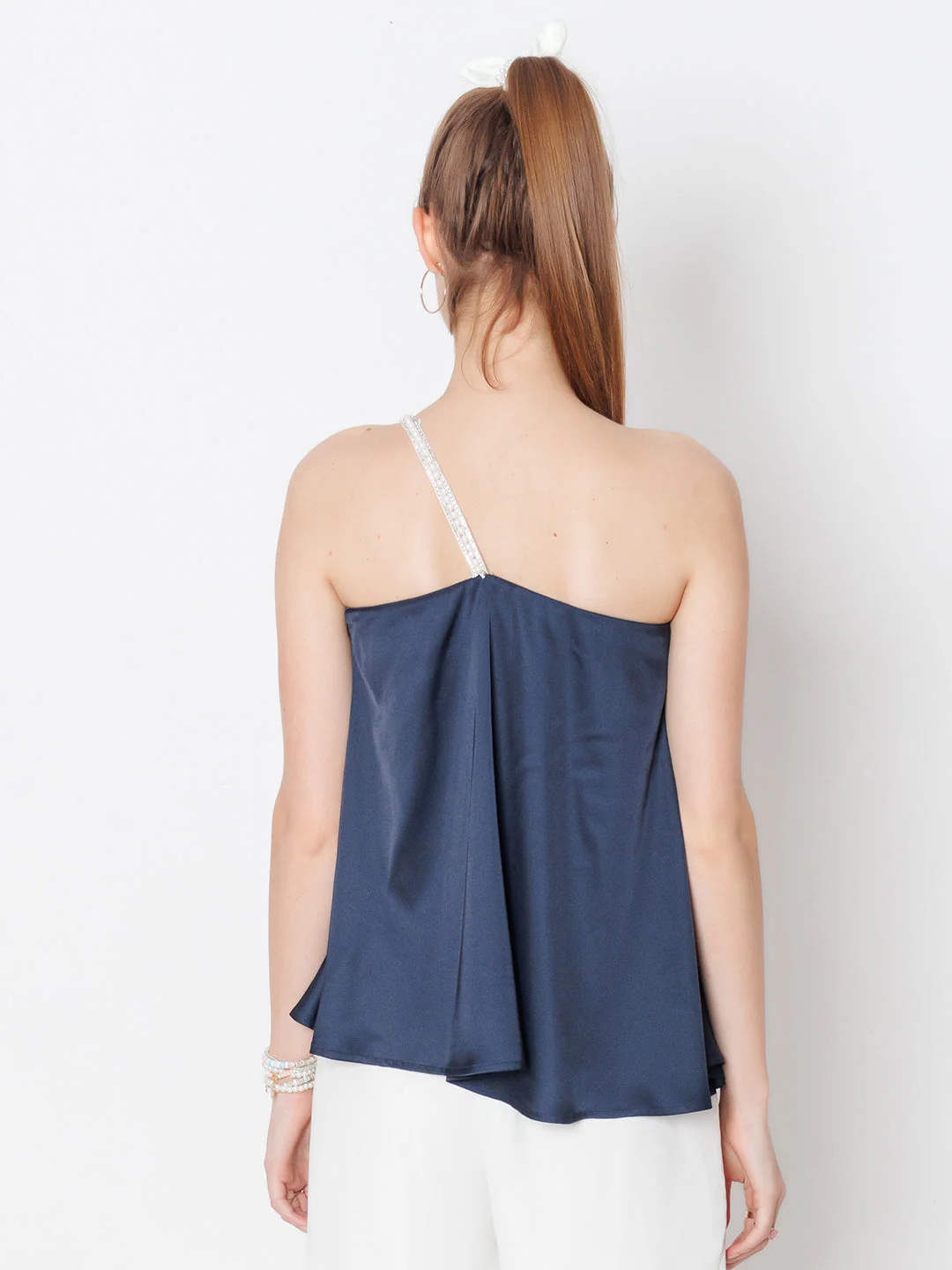 Navy Blue Solid One Shoulder Top - Image 4