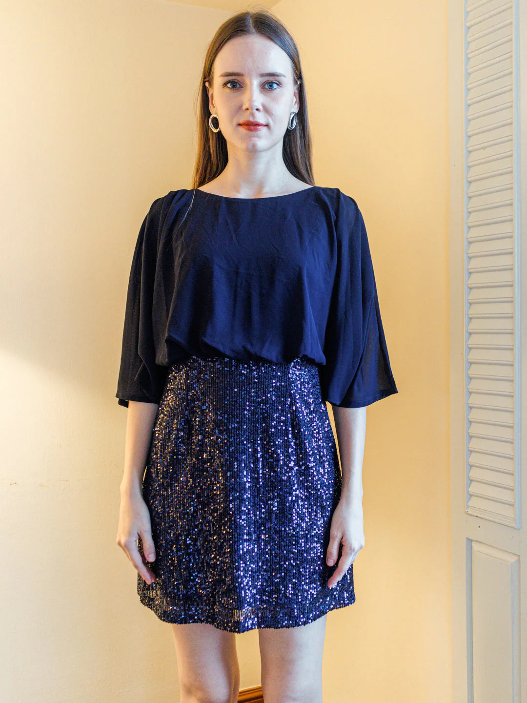 Navy Blue Sequinned Flared Mini Dress - Image 2