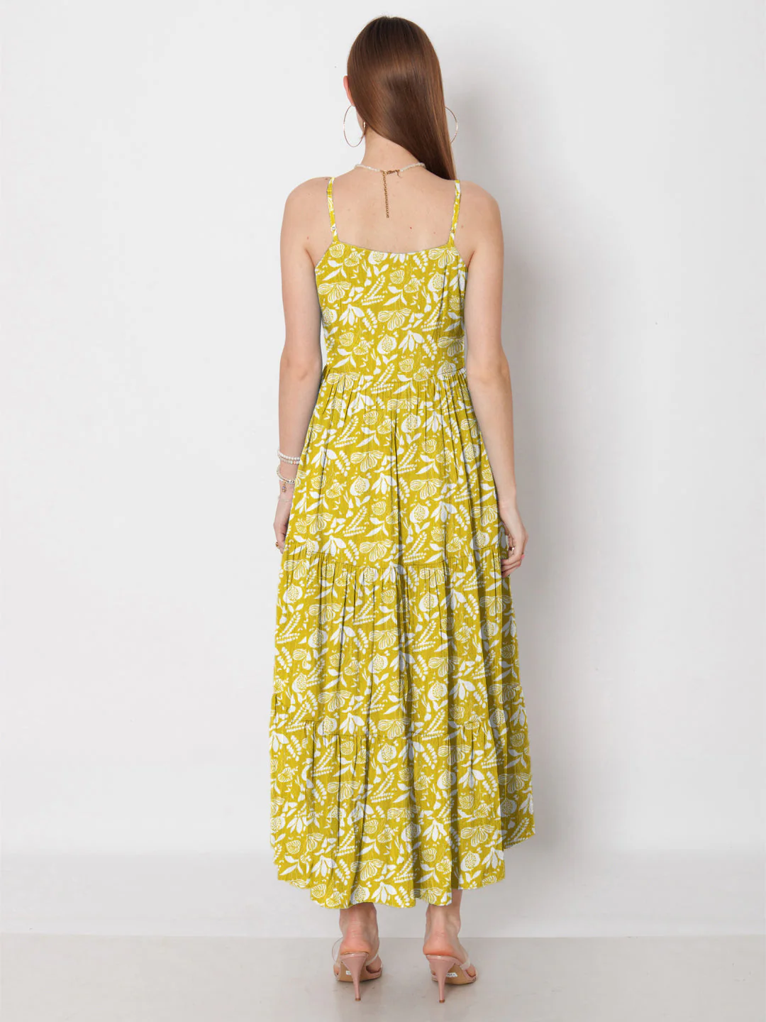 Ochre Yellow Floral Printed Fit & Flare Maxi Dress - Image 4