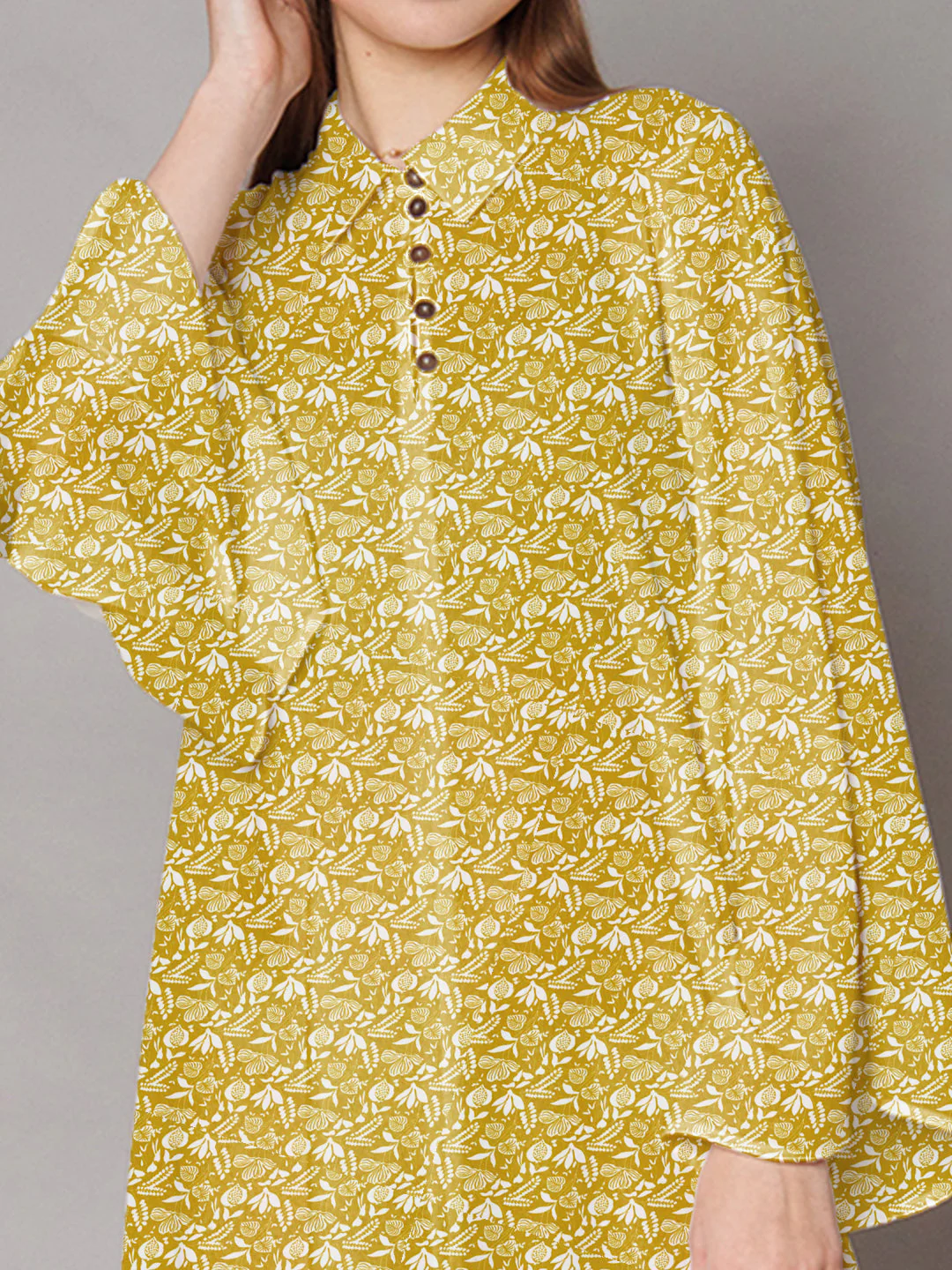Ochre Yellow Floral Printed High-Low Midi Dress - Image 6