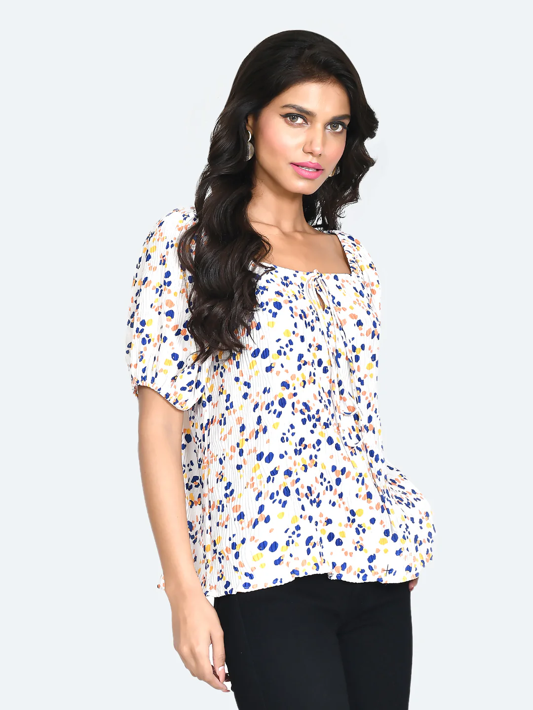 Off White Abstract Pleated Top - Image 3