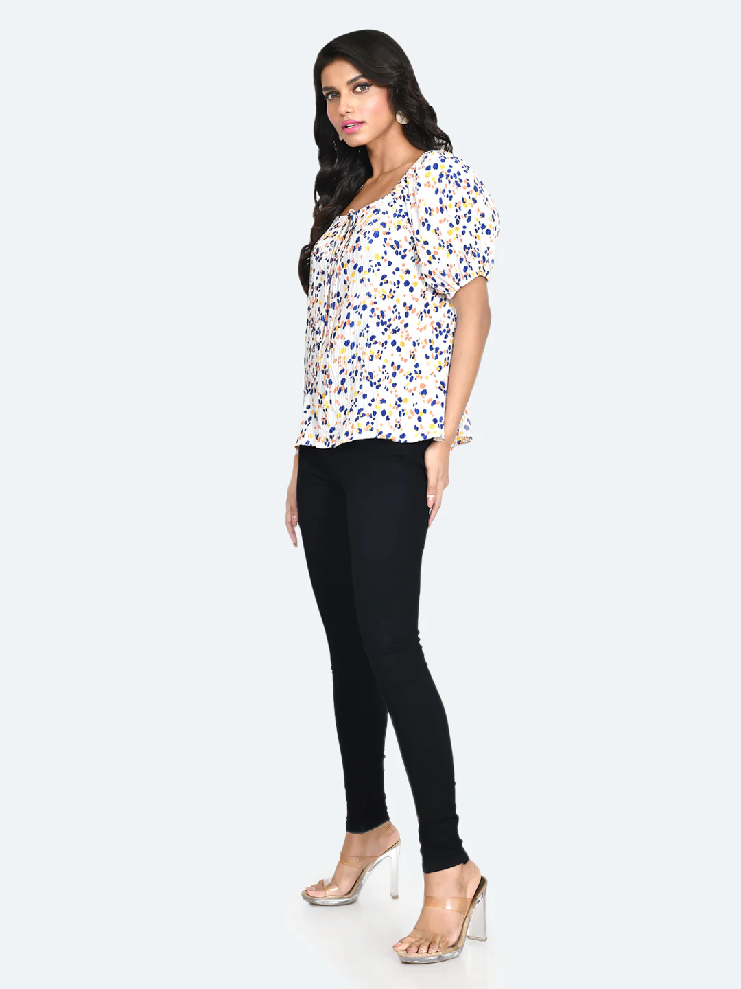 Off White Abstract Pleated Top - Image 5